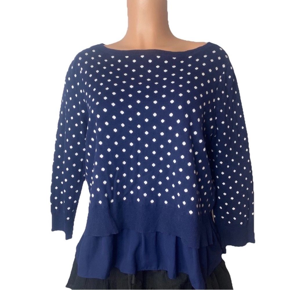 Chaps Women’s Mock Layer Polka Dot Sweater Top Size Petite L Blue & White Preppy
